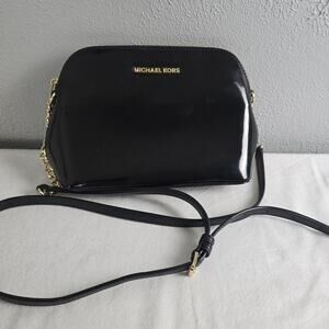 Michael Kors Black Patent Leather Gold Chain Crossbody Purse Small Square Bag